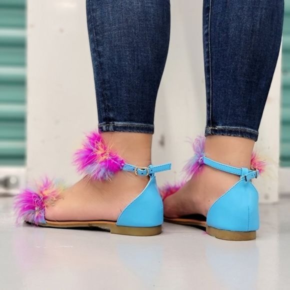 Women's Multicolor Feathered Embellished Sandals Blue Color - Picture 3 of 4